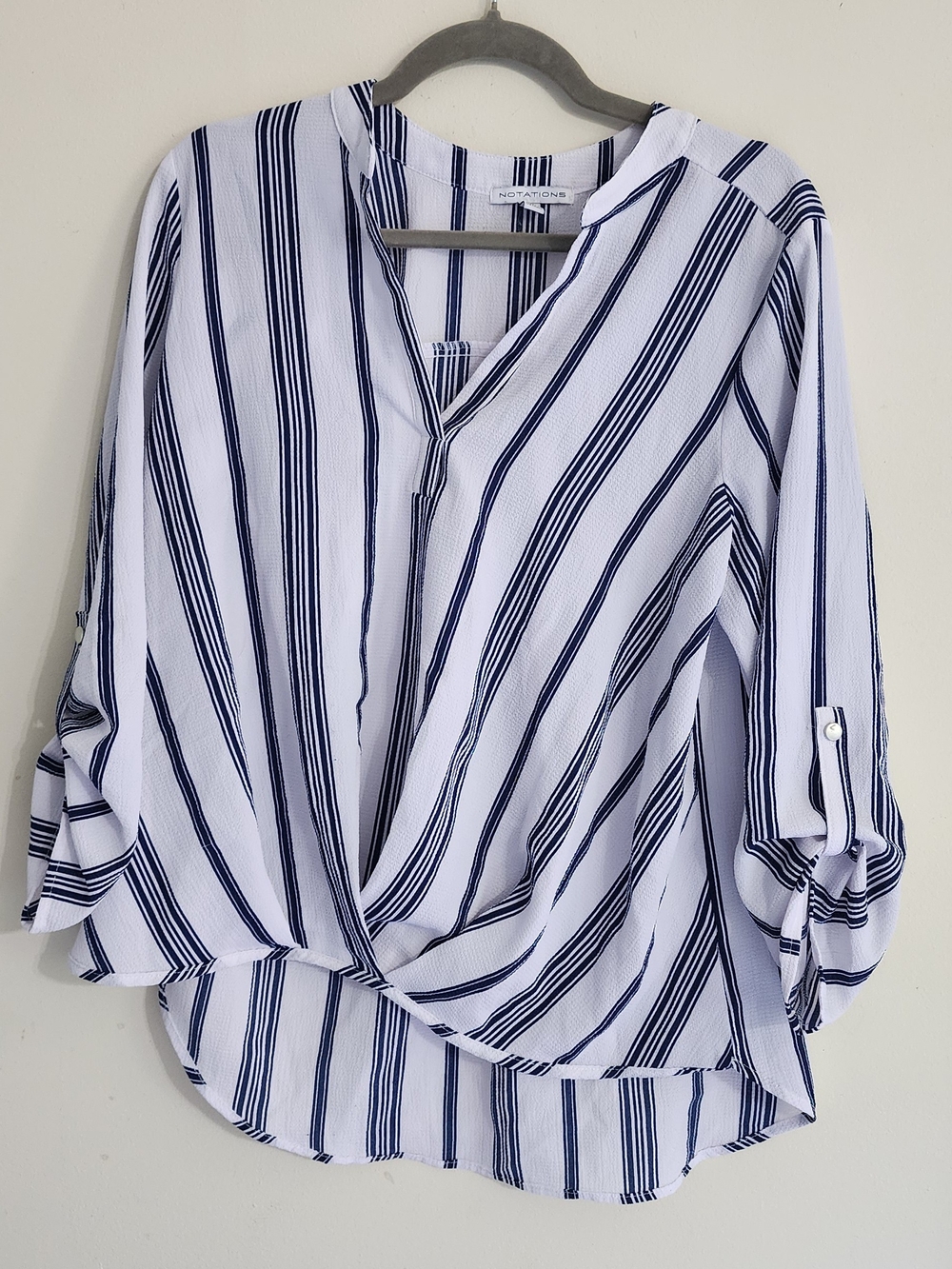 Notations White and Navy Striped V-Neck Faux-Wrap Blouse
